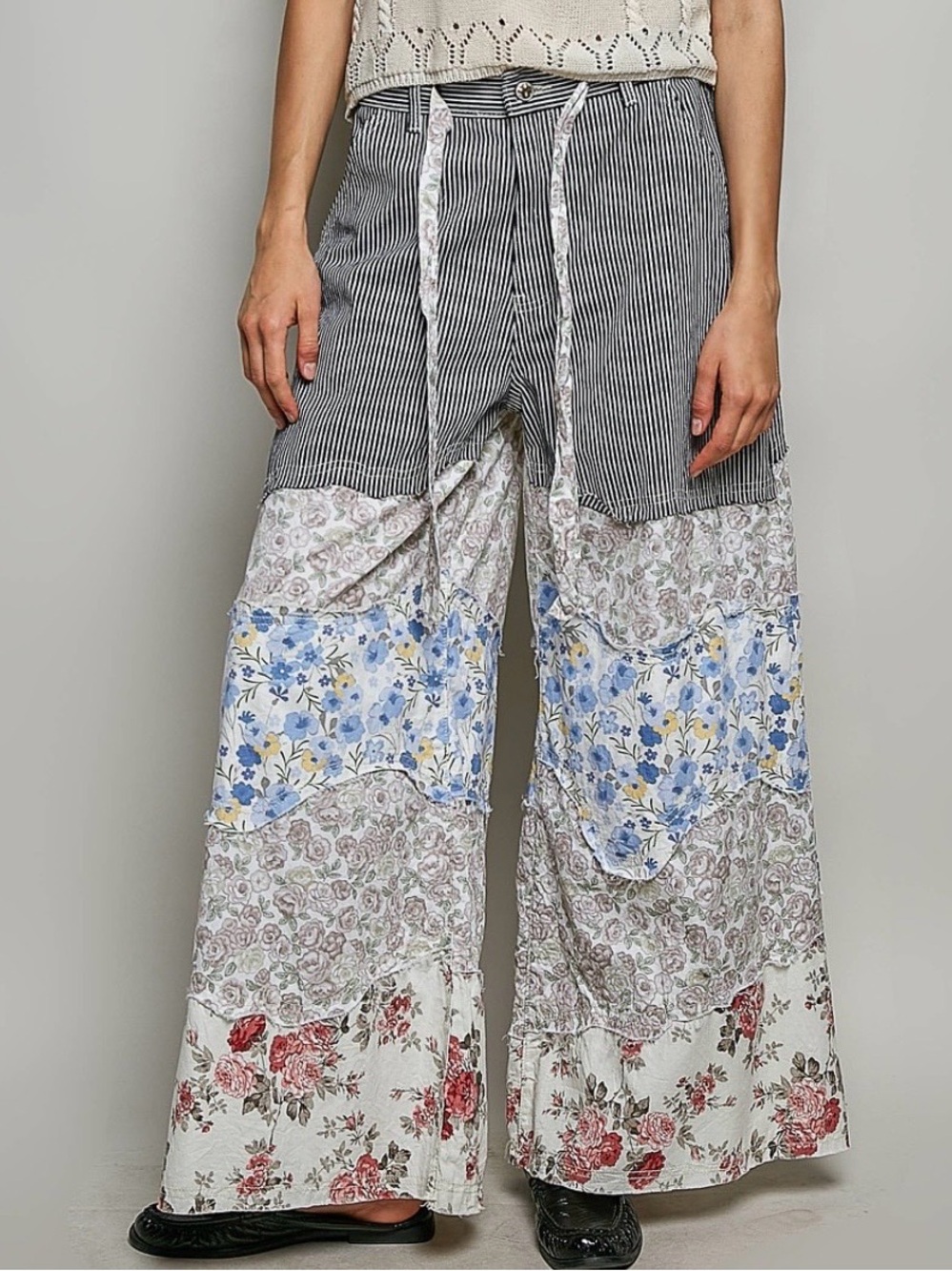 POL Boho Twill Patchwork Wide-Leg Pants Striped Denim Multi Size Large NWT